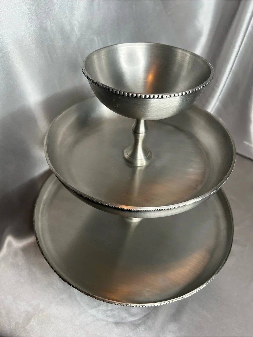 Pottery Barn Antique Silver 3-Tier Serving Stand Beaded Trim Dessert Buffet Tray